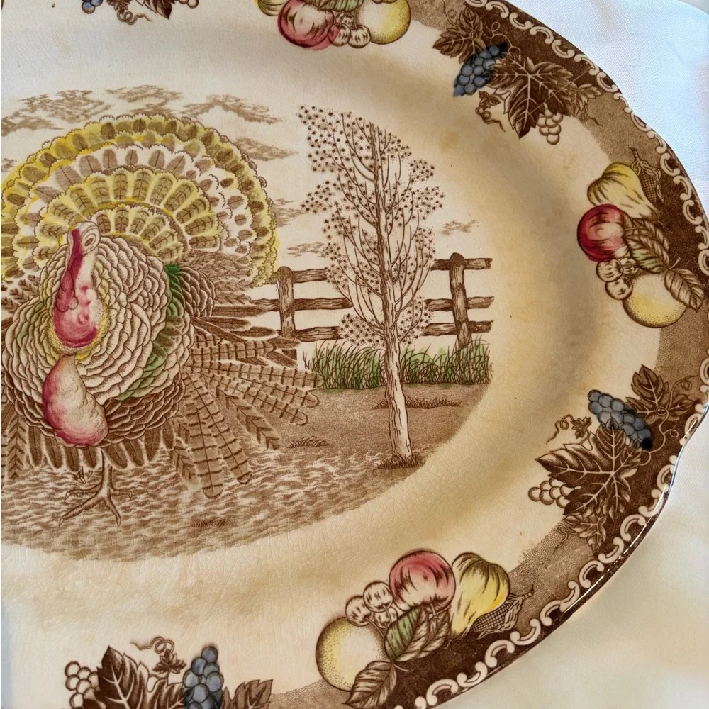 Vintage King Tom Turkey Platter & Covered Gravy Boat Ironstone Thanksgiving Set